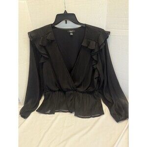 Vera Wang Ruffled Peplum Top Sz XL Black Striped W Silver Sparkle long Sleeves